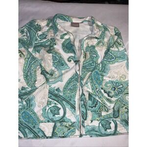 Chico's Women's Jacket Size 2 Green White Cotton Stretch Full Zip 211